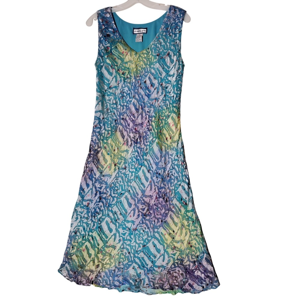 Simply Silk Women Blue Green Abstract Burnout Silk Blend Midi Dress Sz Large